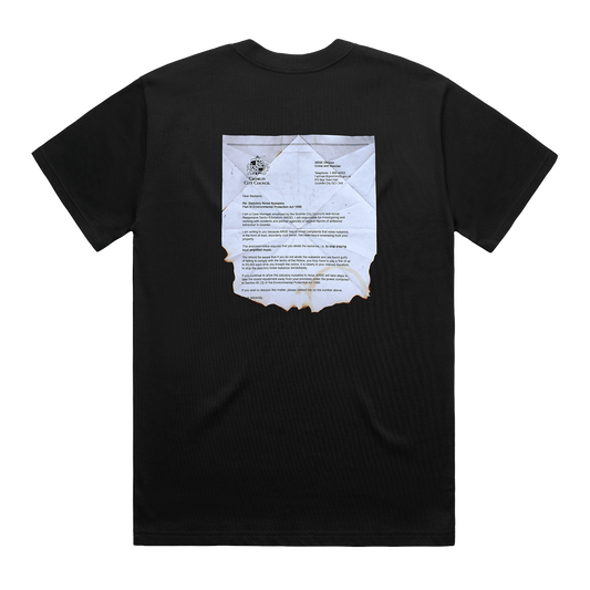 Back view of a black unisex short-sleeve regular fit T-shirt featuring a burnt paper graphic printed across the back.