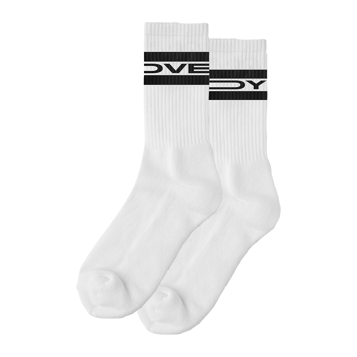 Front view of a pair of long white socks with black “Lovejoy” text printed around the upper cuff area.