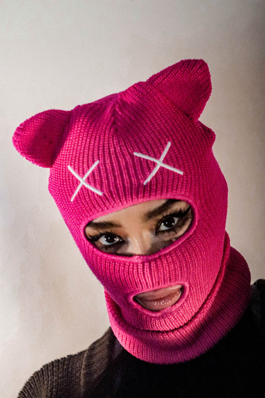 Pink knitted balaclava with cat ears