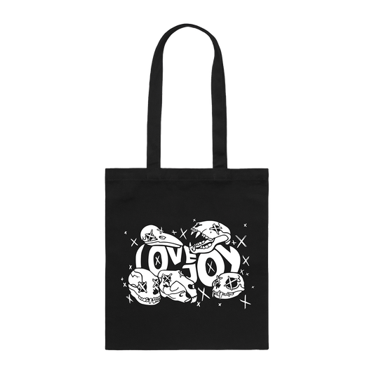 Front view of a black tote bag featuring a centred white “Lovejoy” text print surrounded by skull graphics.